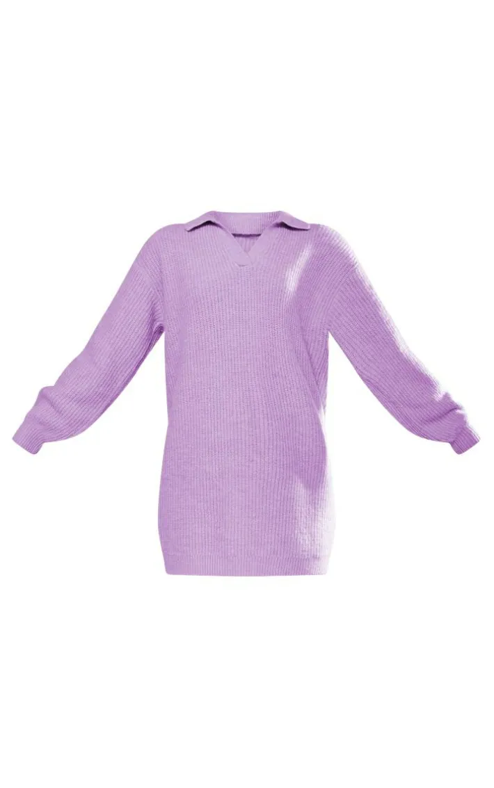 Lilac V Neck Collared Brushed Knit Sweater Dress
