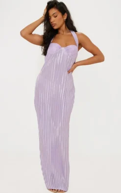 Lilac Wide Plisse Lace Cup Maxi Dress