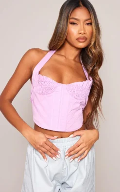 Lilac Woven Ruched Bust Boned Halter Neck Crop Top