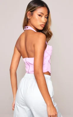 Lilac Woven Ruched Bust Boned Halter Neck Crop Top