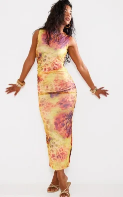 Lime Abstract Leopard Print Mesh Maxi Dress
