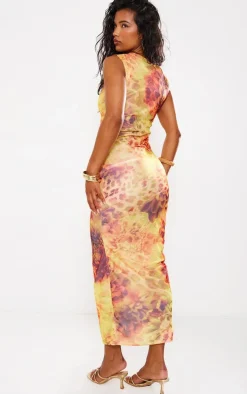 Lime Abstract Leopard Print Mesh Maxi Dress