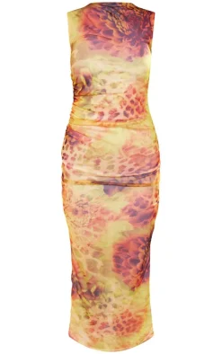 Lime Abstract Leopard Print Mesh Maxi Dress