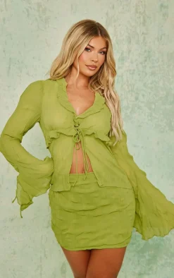 Lime Crinkle Chiffon Tie Detail Flare Sleeve Bodycon Dress