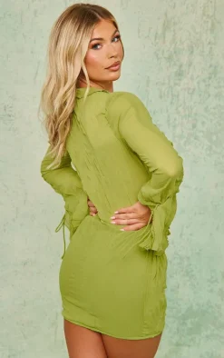 Lime Crinkle Chiffon Tie Detail Flare Sleeve Bodycon Dress