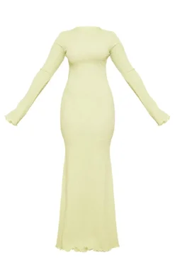 Lime Crinkle Textured Lettuce Hem Long Sleeve Maxi Dress