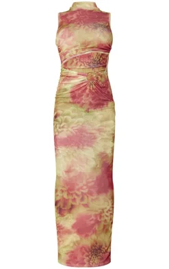 Lime Floral Leopard Mesh High Neck Sleeveless Maxi Dress