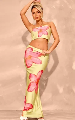 Lime Flower Print Stretch Satin Low Rise Maxi Skirt