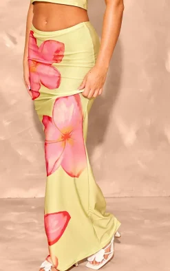 Lime Flower Print Stretch Satin Low Rise Maxi Skirt