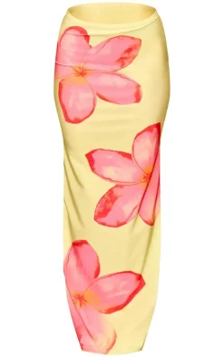 Lime Flower Print Stretch Satin Low Rise Maxi Skirt