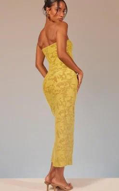 Lime Green Floral Sheer Burnout Ruched Bandeau Midaxi Dress