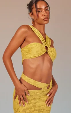 Lime Green Floral Sheer Burnout Ring Detail Crop Top