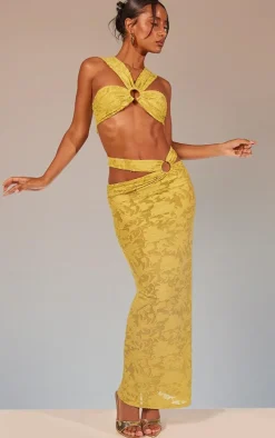 Lime Green Floral Sheer Burnout Ring Detail Maxi Skirt