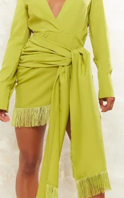 Lime Green Tassel Detail Long Sleeve Shift Dress