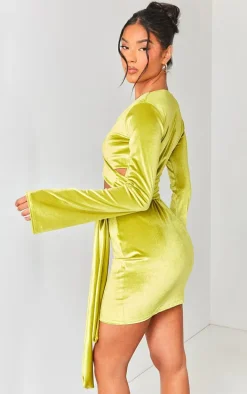 Lime Green Velvet Wrap Around Long Sleeve Bodycon Dress