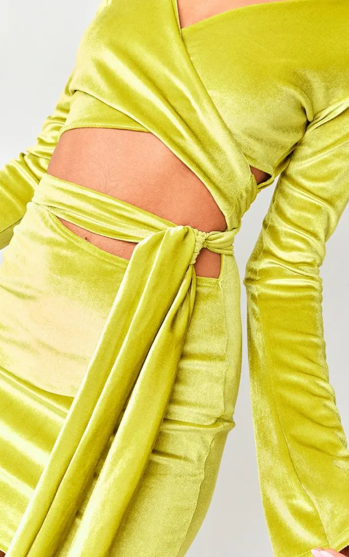 Lime Green Velvet Wrap Around Long Sleeve Bodycon Dress