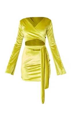 Lime Green Velvet Wrap Around Long Sleeve Bodycon Dress