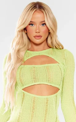 Lime Laddered Cut Out Long Sleeve Bodycon Dress
