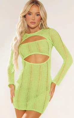 Lime Laddered Cut Out Long Sleeve Bodycon Dress