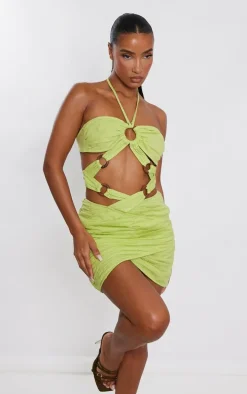 Lime Linen Look Extreme Cut Out Ring Detail Bodycon Dress