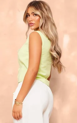 Lime Linen Look Tie Front Sleeveless Top