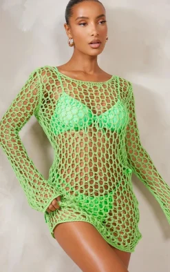 Lime Long Sleeve Crochet Floaty Mini Dress
