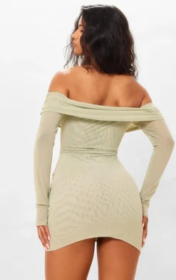 Lime Mesh Ruched Off Bardot Mini Dress