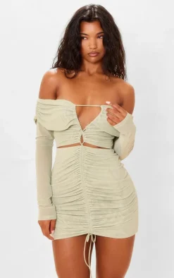 Lime Mesh Ruched Off Bardot Mini Dress