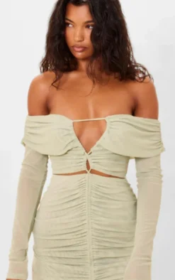 Lime Mesh Ruched Off Bardot Mini Dress