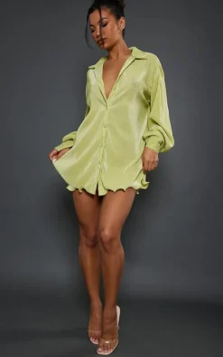 Lime Plisse Frill Hem Shirt Dress