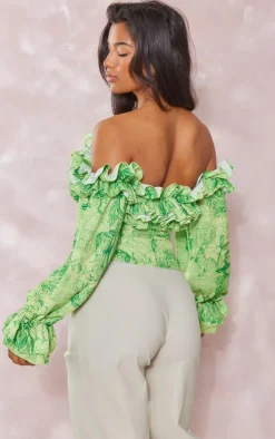 Lime Renaissance Print Ruffle Hem Off Shoulder Long Sleeve Blouse
