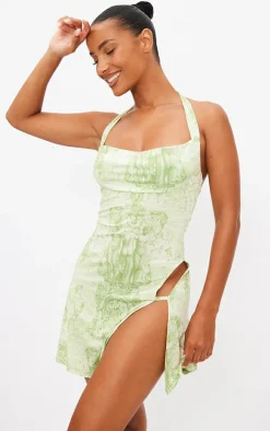 Lime Renaissance Print Slinky Cowl Thigh Split Shift Dress