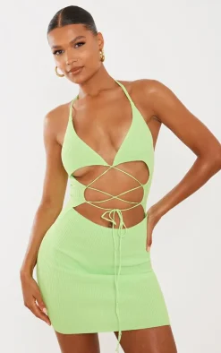 Lime Rib Knit Lace Front Mini Dress