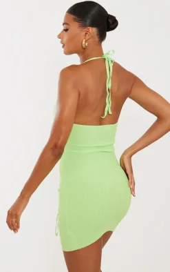 Lime Rib Knit Lace Front Mini Dress