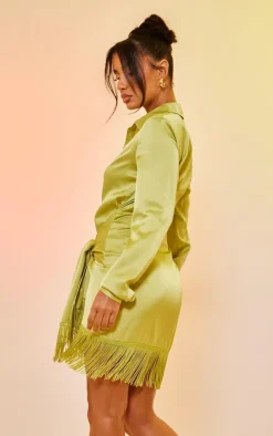 Lime Satin Drape Detail Tassel Hem Shirt Dress