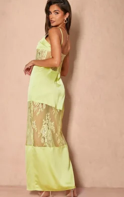 Lime Satin Lace Insert Maxi Dress