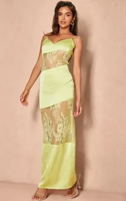 Lime Satin Lace Insert Maxi Dress