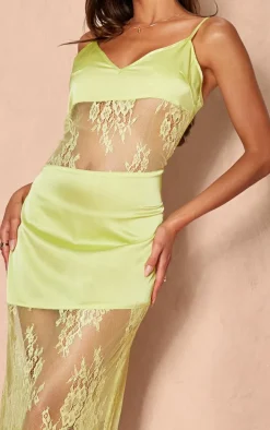 Lime Satin Lace Insert Maxi Dress