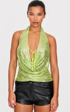 Lime Sequin Sheer Cowl Neck Long Top