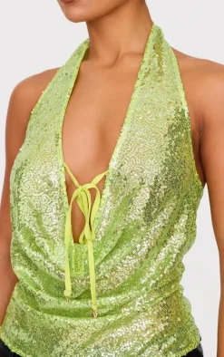 Lime Sequin Sheer Cowl Neck Long Top
