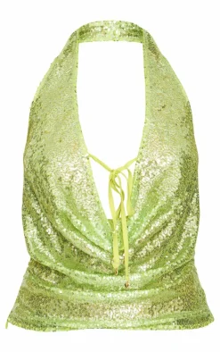 Lime Sequin Sheer Cowl Neck Long Top