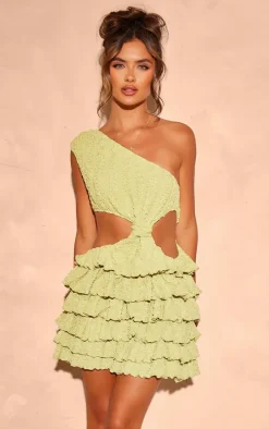 Lime Textured One Shoulder Frill Hem Mini Dress