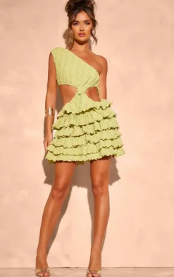 Lime Textured One Shoulder Frill Hem Mini Dress