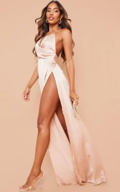 Lucie Champagne Silky Plunge Extreme Split Maxi Dress