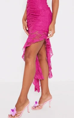 Magenta Lace Plunge Neck Ruched Asymmetric Hem Midi Dress
