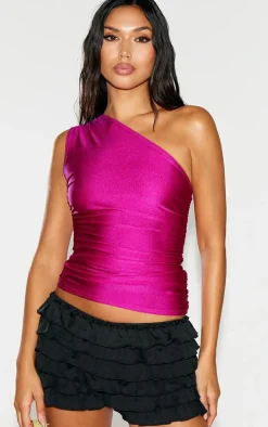 Magenta Stretch Slinky Ruched Side Long Top