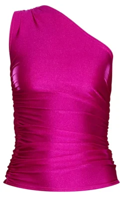 Magenta Stretch Slinky Ruched Side Long Top