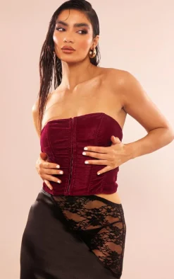 Magenta Velvet Boned Hook And Eye Corset