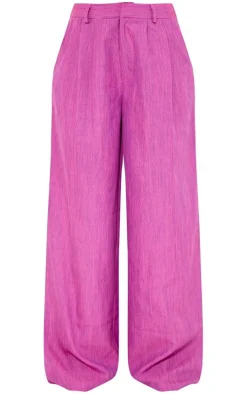 Magenta Woven Linen Feel Tailored High Waist Wide Leg Pants