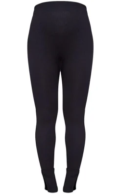 Maternity Black Snatched Ribbed Split Hem Leggings